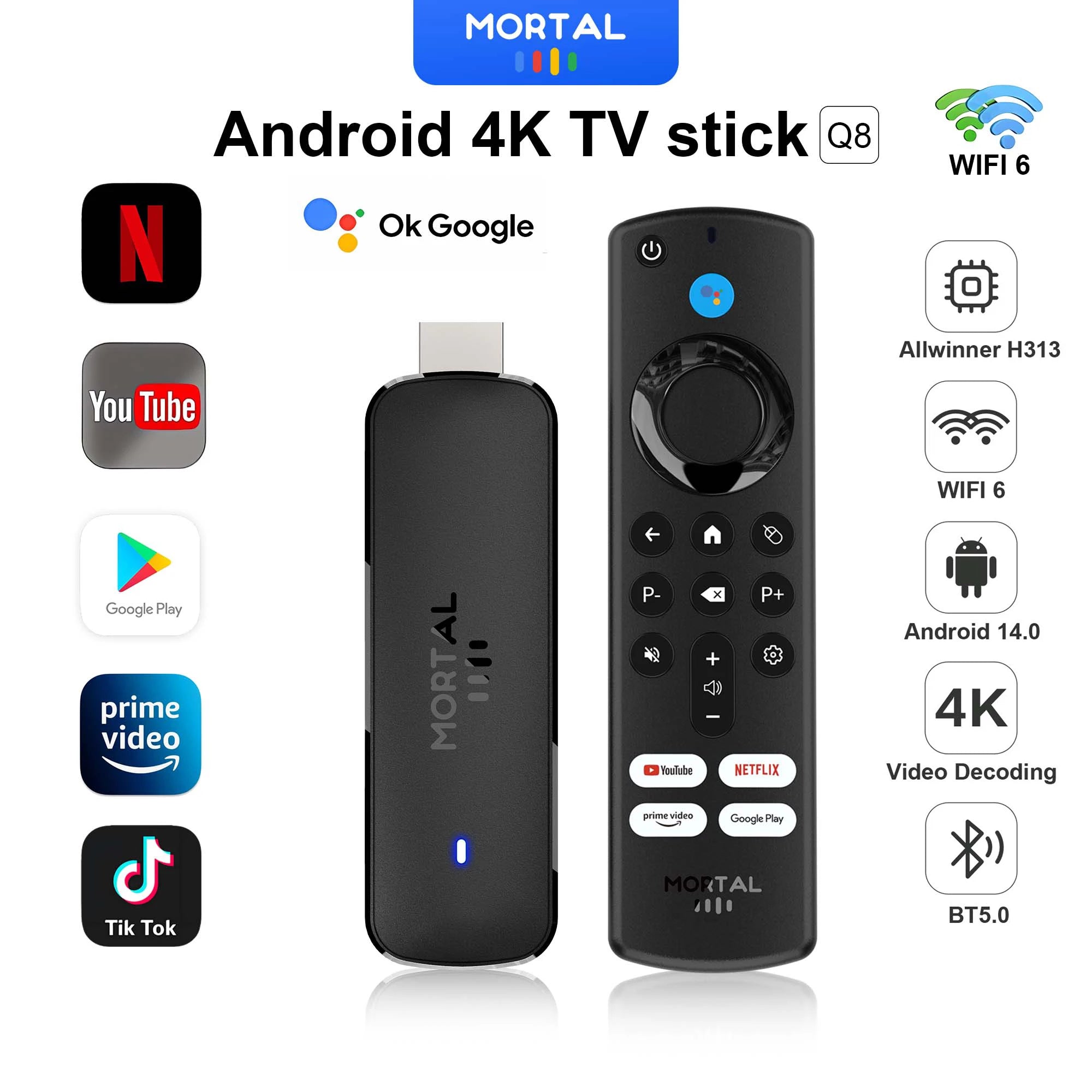 Android TV Stick Mortal Q8 Global Version Voice Remote Android14 8K 4K Video Wifi6 Netflix YouTube Fast streaming Fire TV stick